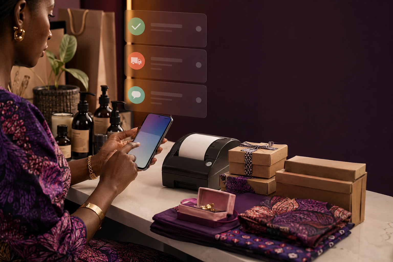 A Nigerian ecommerce merchant processing customer orders and deliveries from her phone